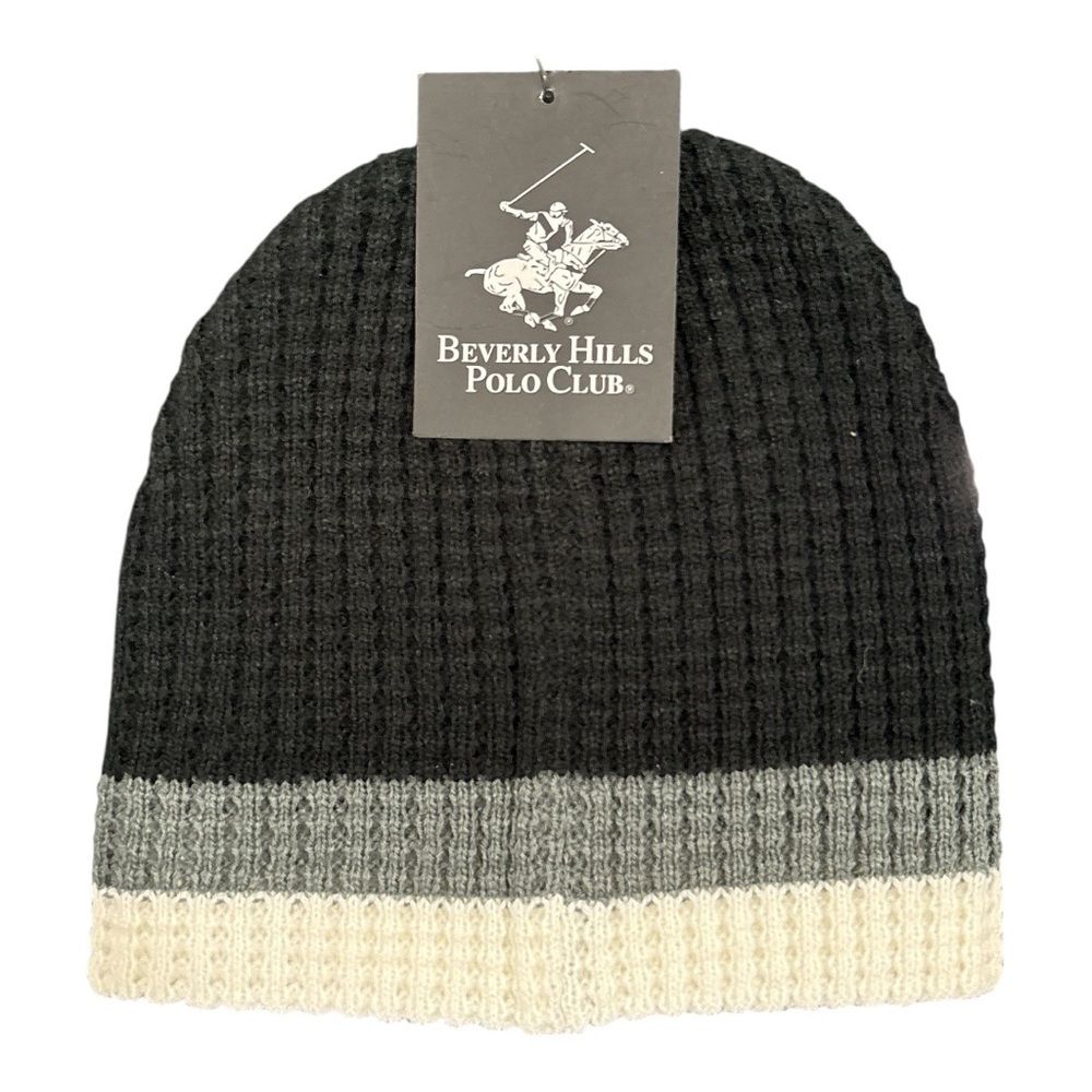 NWT Beverly Hills Polo Club Knit Beanie Hat Black Gray Cream Winter Warm Unisex